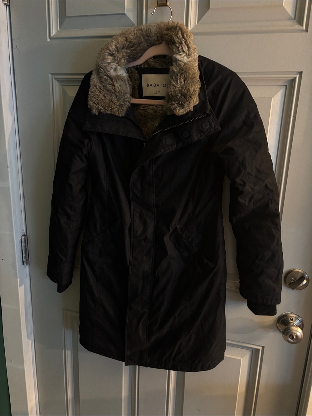 Babaton Black Longline Puffer Coat with Goose Down and Faux-Fur Collar